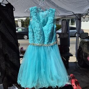 May Queen Turquoise Lace & Tulle Party Dress with Beaded Waist